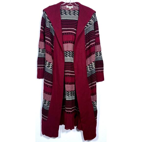 BB Dakota Long Cardigan Duster Sweater Open Front Knit Size Small Red Black - Picture 1 of 10